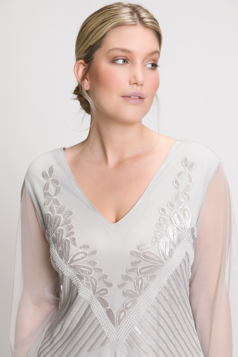 Abendkleid, Perlenstickerei, V-Ausschnitt, 3/4-Arm