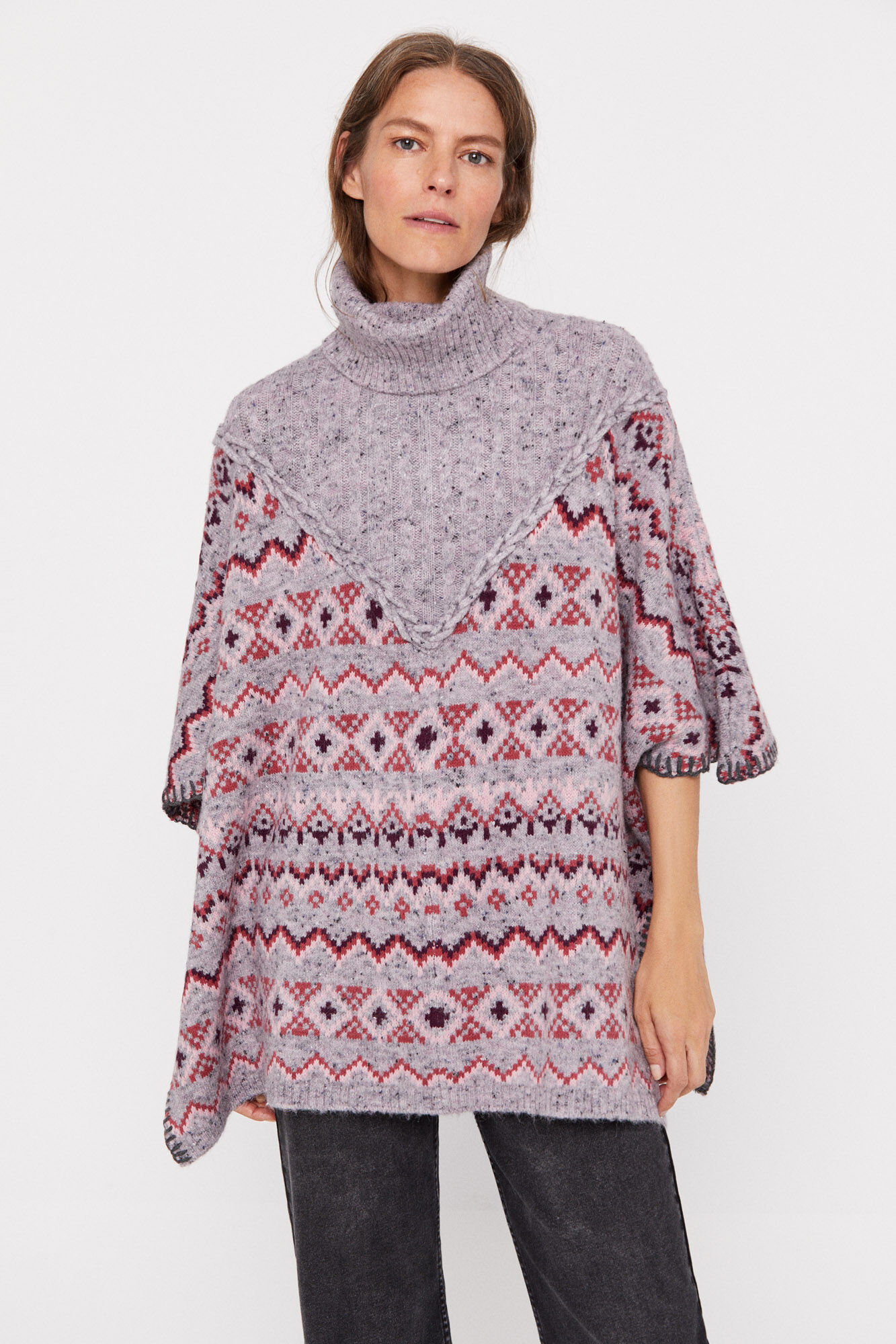 Poncho jacquard multicolorido - Cinza