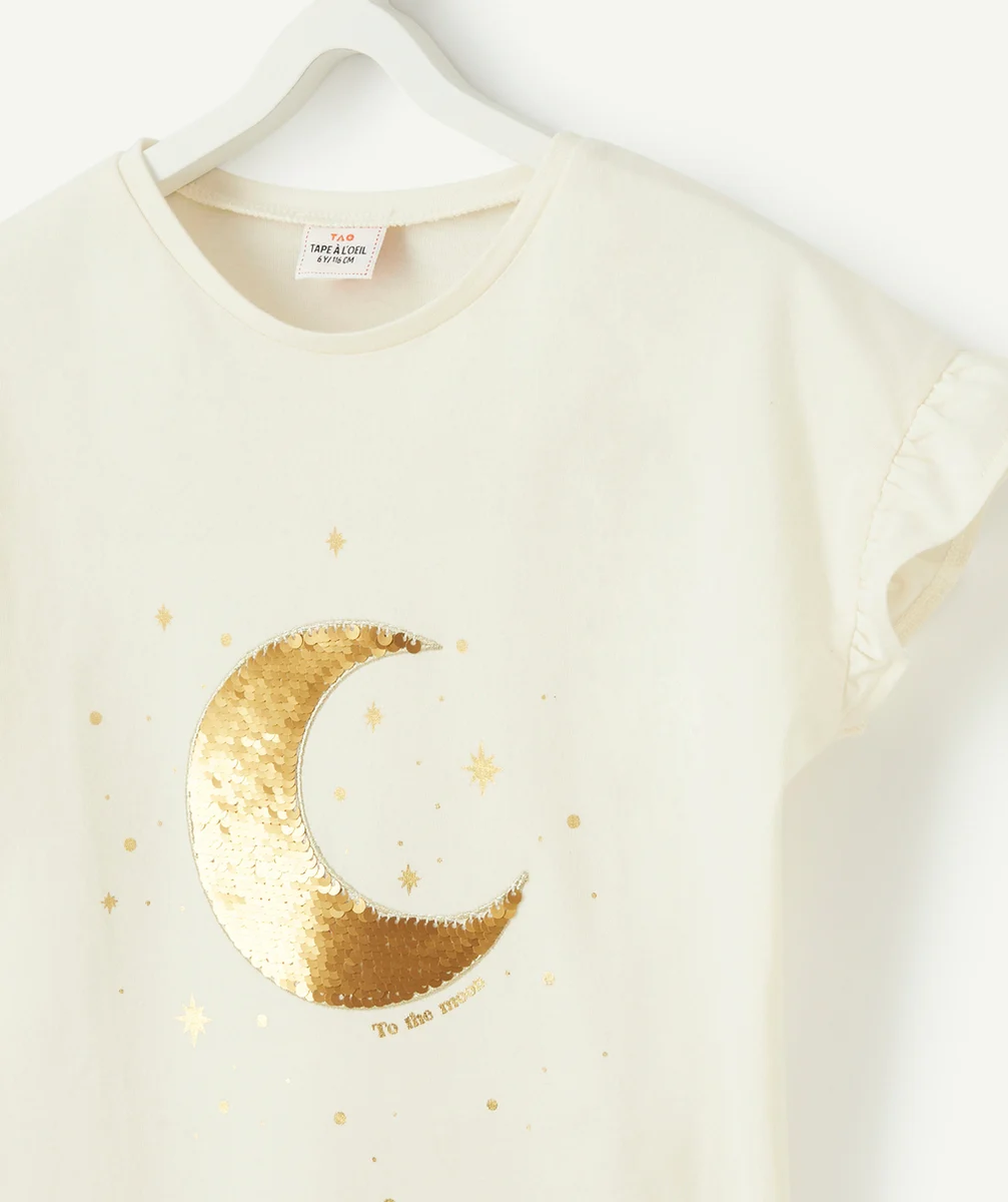 T-SHIRT FILLE EN COTON BIOLOGIQUE ÉCRU AVEC SEQUINS RÉVERSIBLES