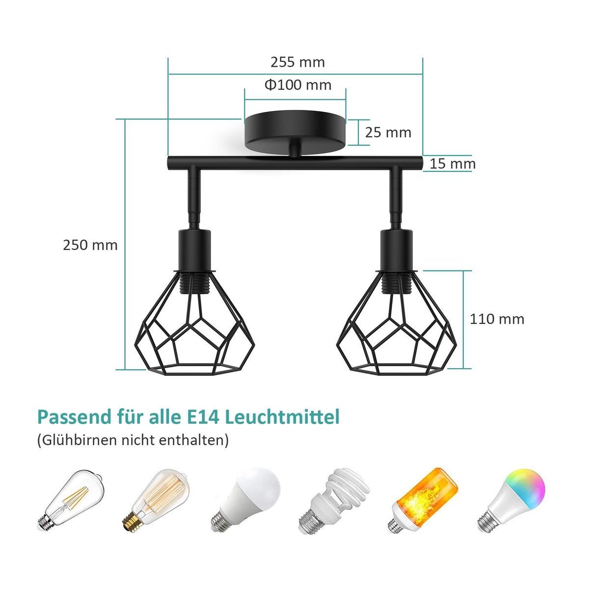 EMKE Retro Wandlamp - 2-lichts industriële wandlamp met E14-fitting, ideaal voor woonkamer en hal (lamp niet inbegrepen), twee lampkoppen