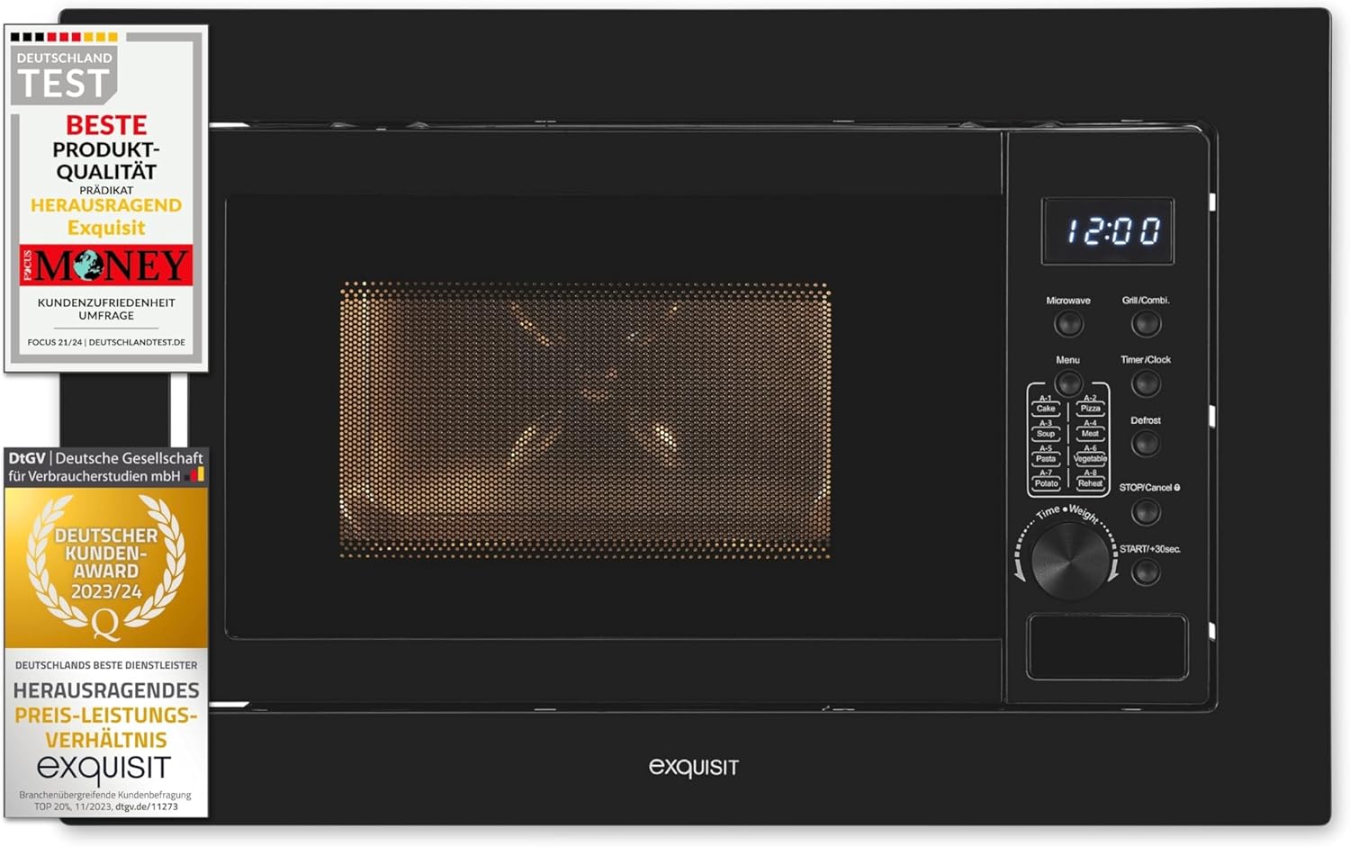 Exquisit Einbaumikrowelle EMW20-DG-020 schwarz| 800 W Leistung | 1000 W Grill | 8 Autokochprogramme| Drehteller 27cm | Einbaugerät | Edelstahl-Garraum