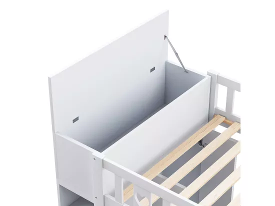 Lit en mezzanine, 90*200 cm, échelle de rangement, étagères, armoires de rangement à charnières, espace dressing sous le lit, poignées d'amour, blanc