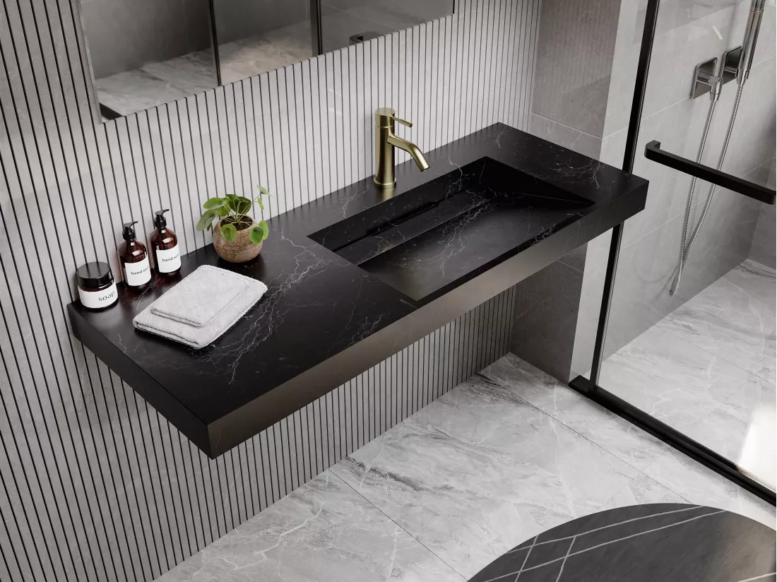 Vasque suspendue en solid surface effet marbre noir - 120 x 45 x 8 cm - OKAPA