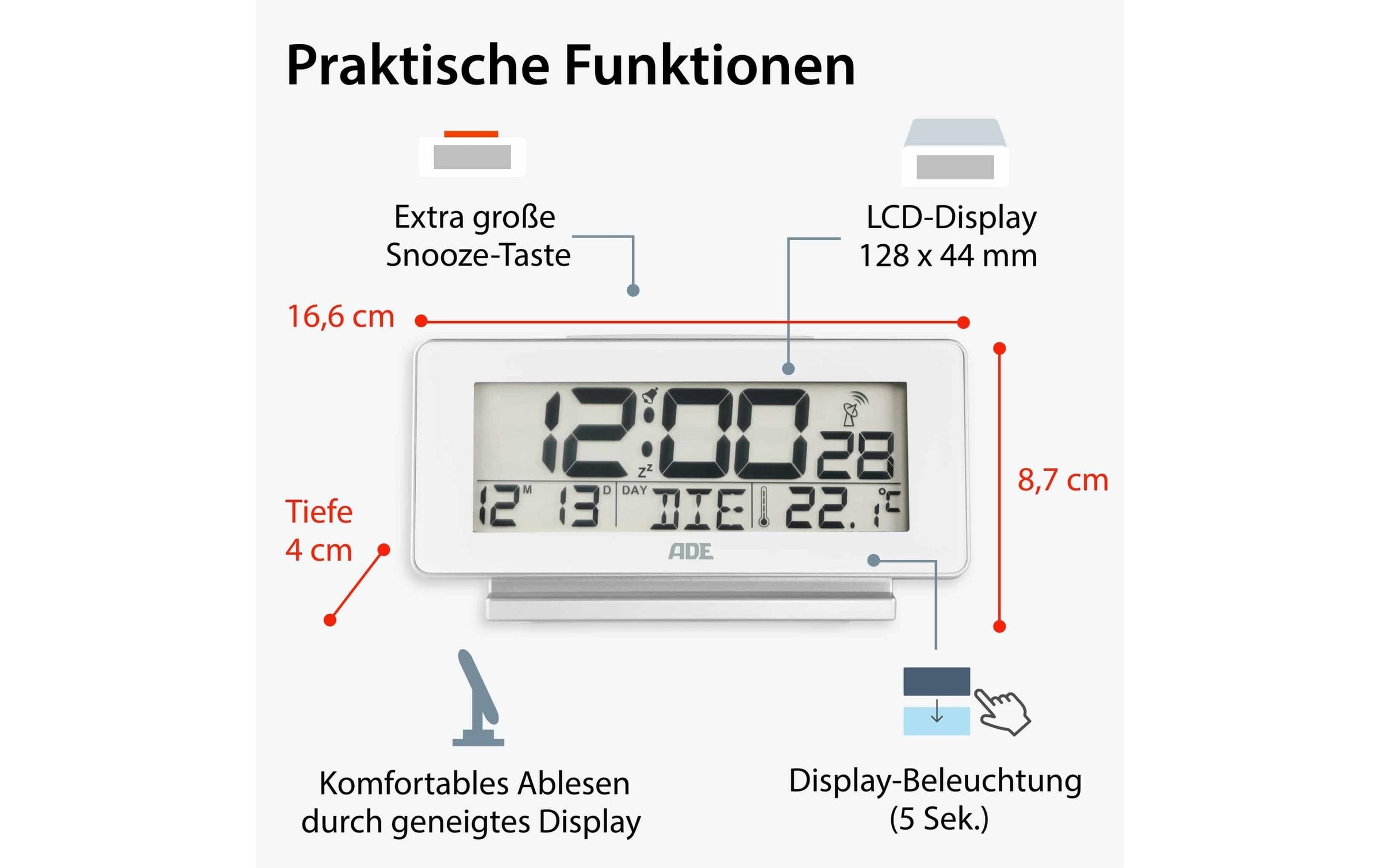 ADE Funkwecker »mit Temperatur und Datumsanzeige, Weiss«