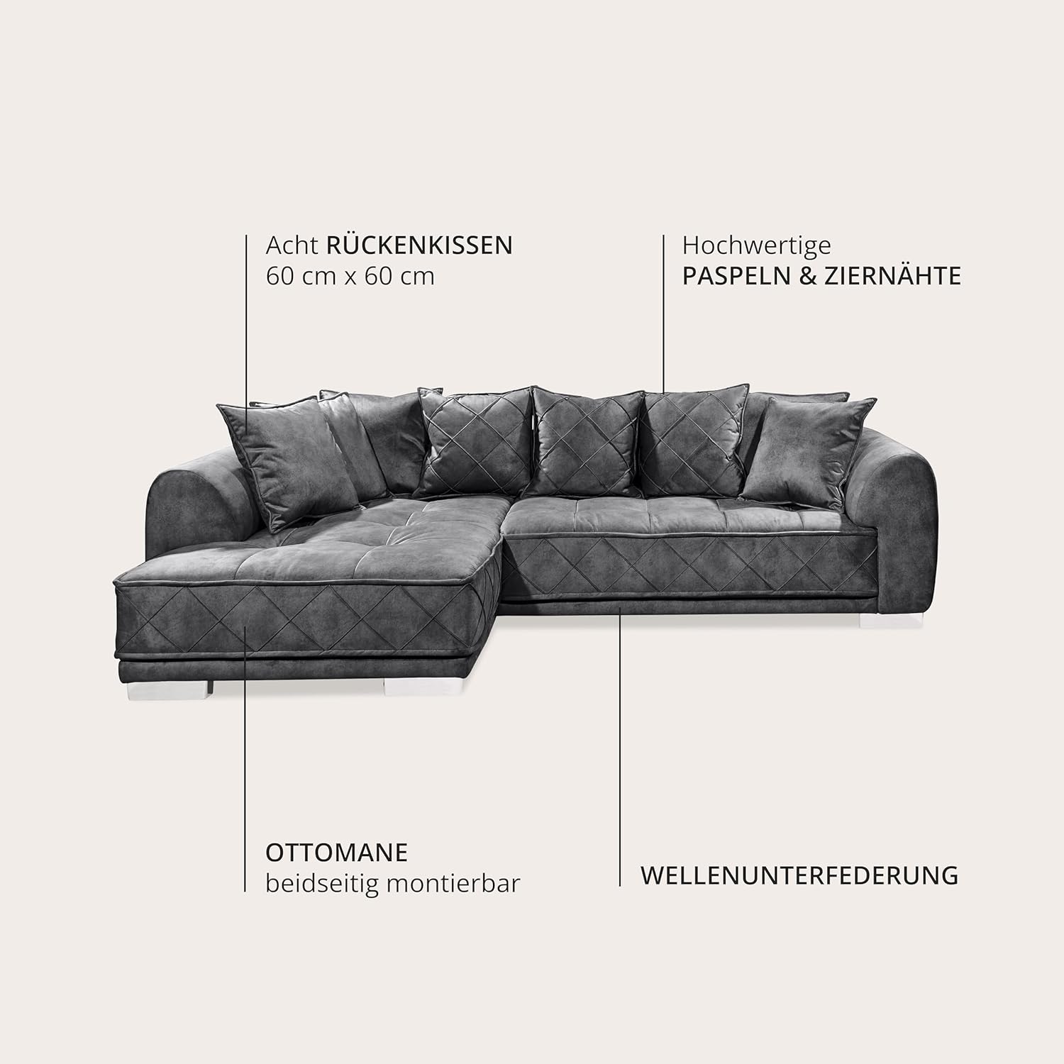 Stella Trading SENTINA Ecksofa in Samtoptik, Anthrazit - Moderne Eckcouch in L-Form mit universell stellbarer Ottomane & dekorativer Steppung - 319 x 73 (90) x 194 cm (B/H/T)