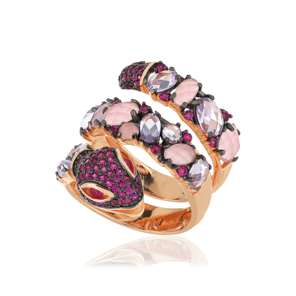 Bague argent 925 rosé serpent zirconias roses et blancs