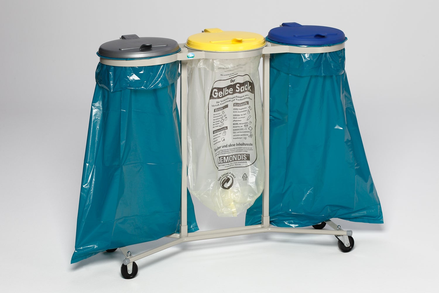 PROREGAL Robuuste afvalbak voor recycling, 3 compartimenten, verrijdbaar met wielen, 3 x 120 liter, HxBxD 96 x 106,5 x 44 cm, staal, zilver, geel, blauw