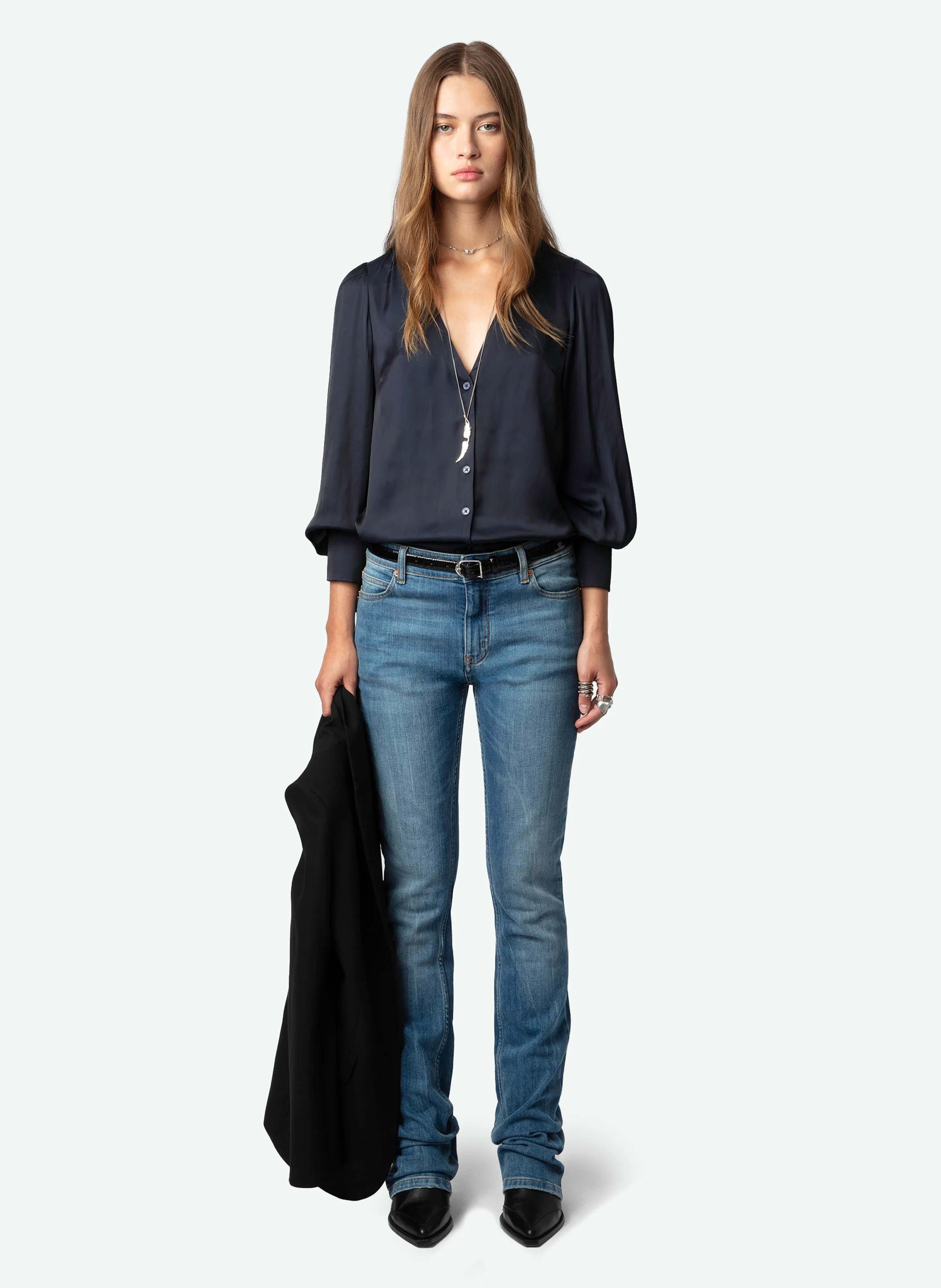 TINOUS - Chemise col V droite en satin | Bleu
