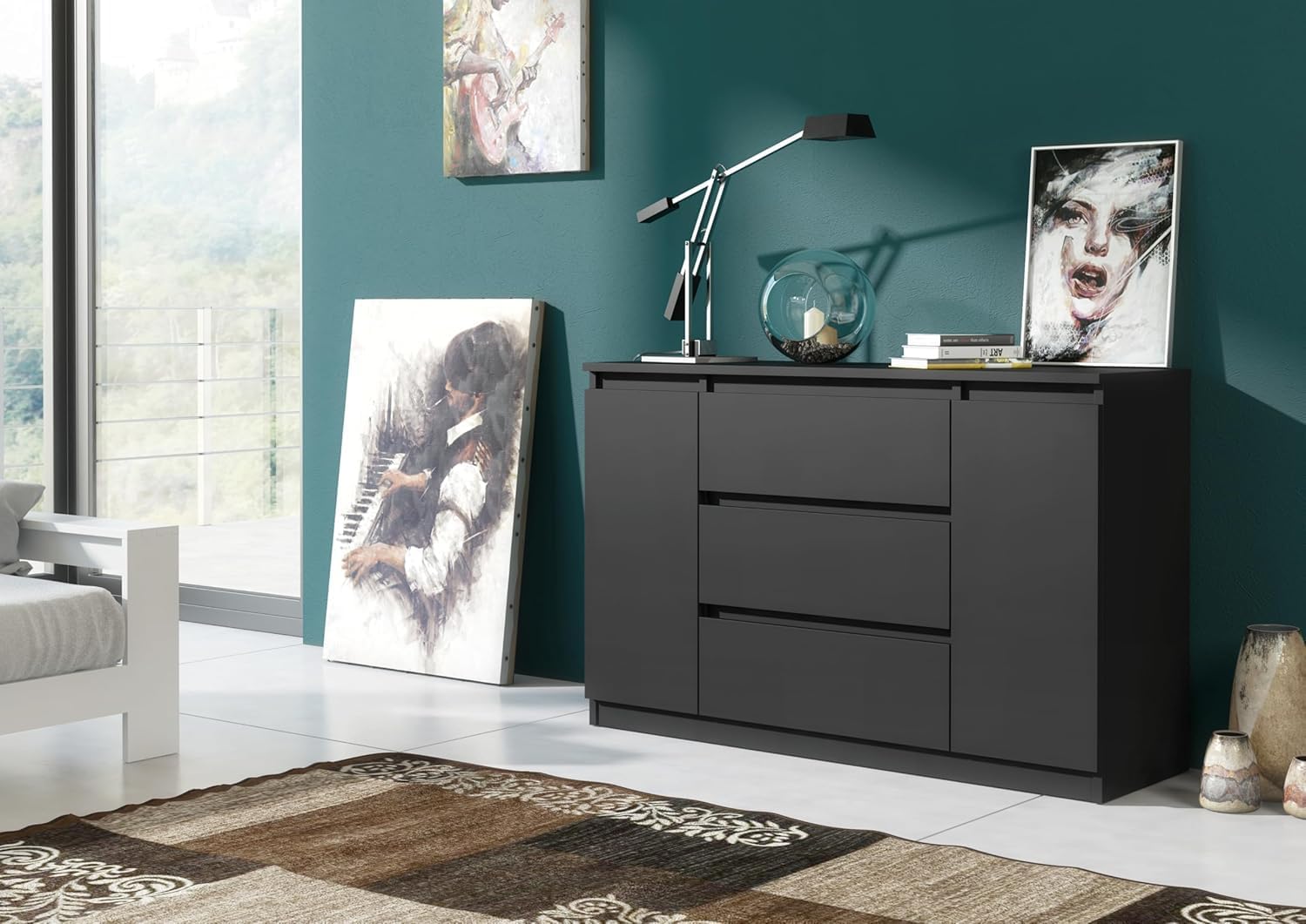 meble masztalerz Kommode 140 cm mit 3 Schubladen & 2 Türen – Schwarz Matt – Sideboard Schlafzimmer Wohnzimmer Flur – Schubladenschrank Holz Modern Design