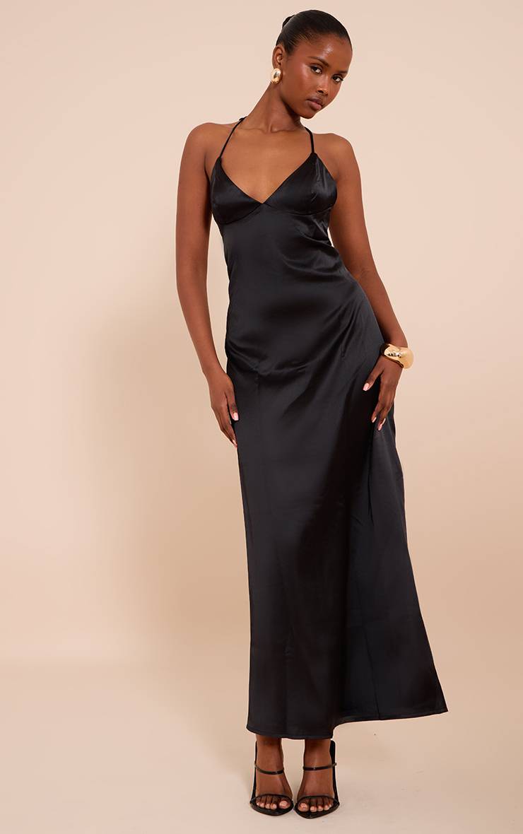 Noir Robe Longue Nuisette En Satin À Dos Lacé