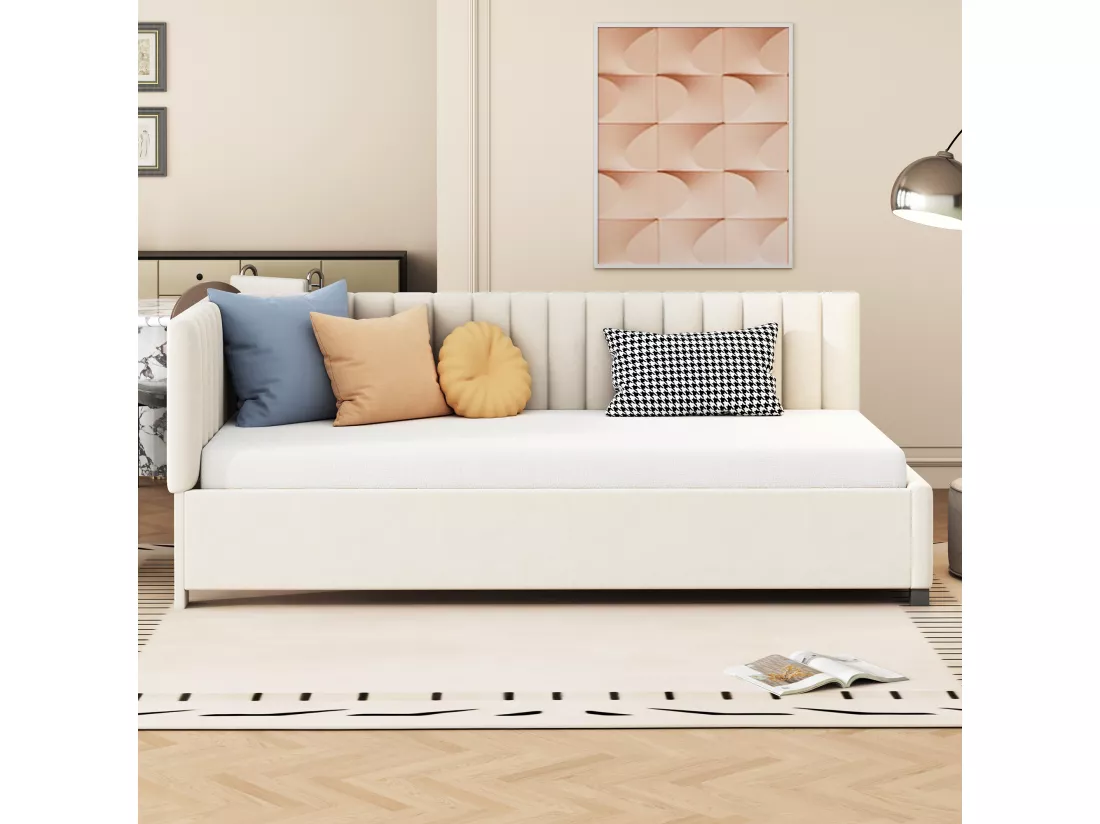 Canapé-lit rembourré 90*200, Lit multifonctionnel avec sommier à lattes, Tissu velours, Beige