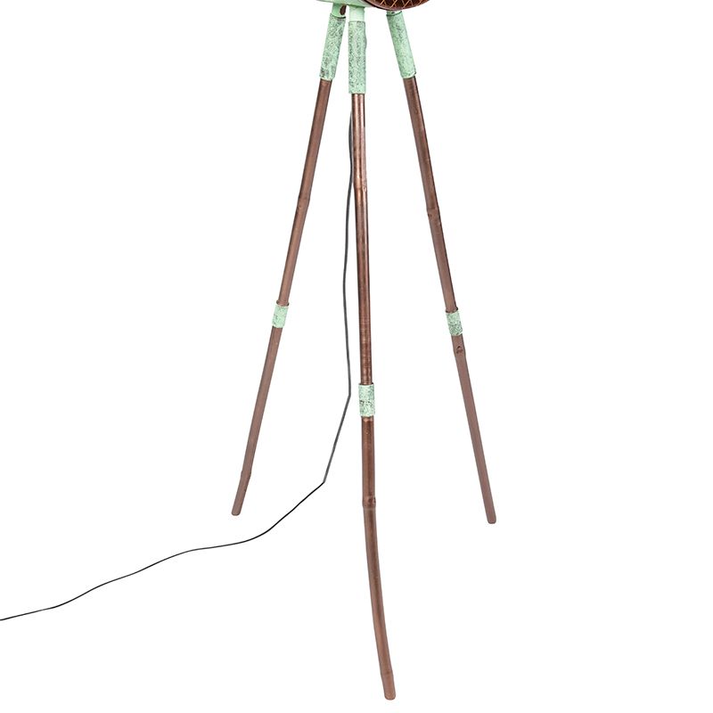 Vintage vloerlamp op bamboo driepoot groen met koper - Barrel