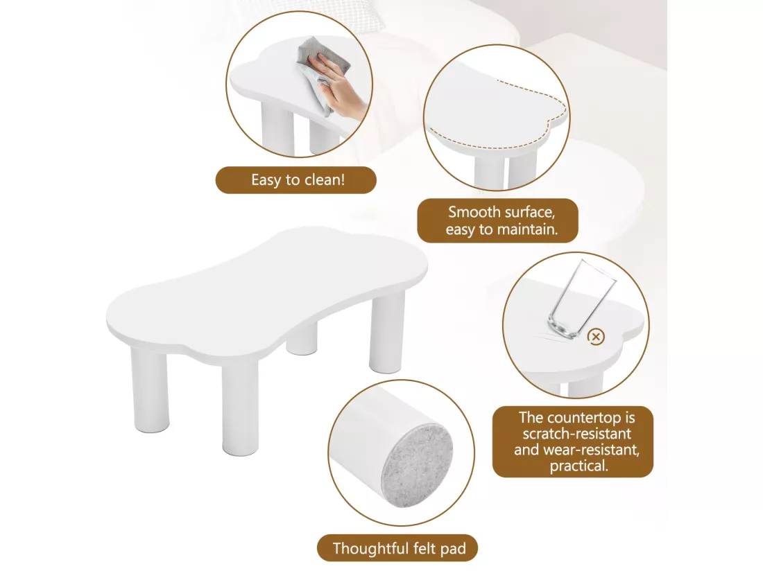 Table basse asymétrique avec 2 tabourets - en MDF + pieds en PVC - 113x58x40.5cm - Blanc