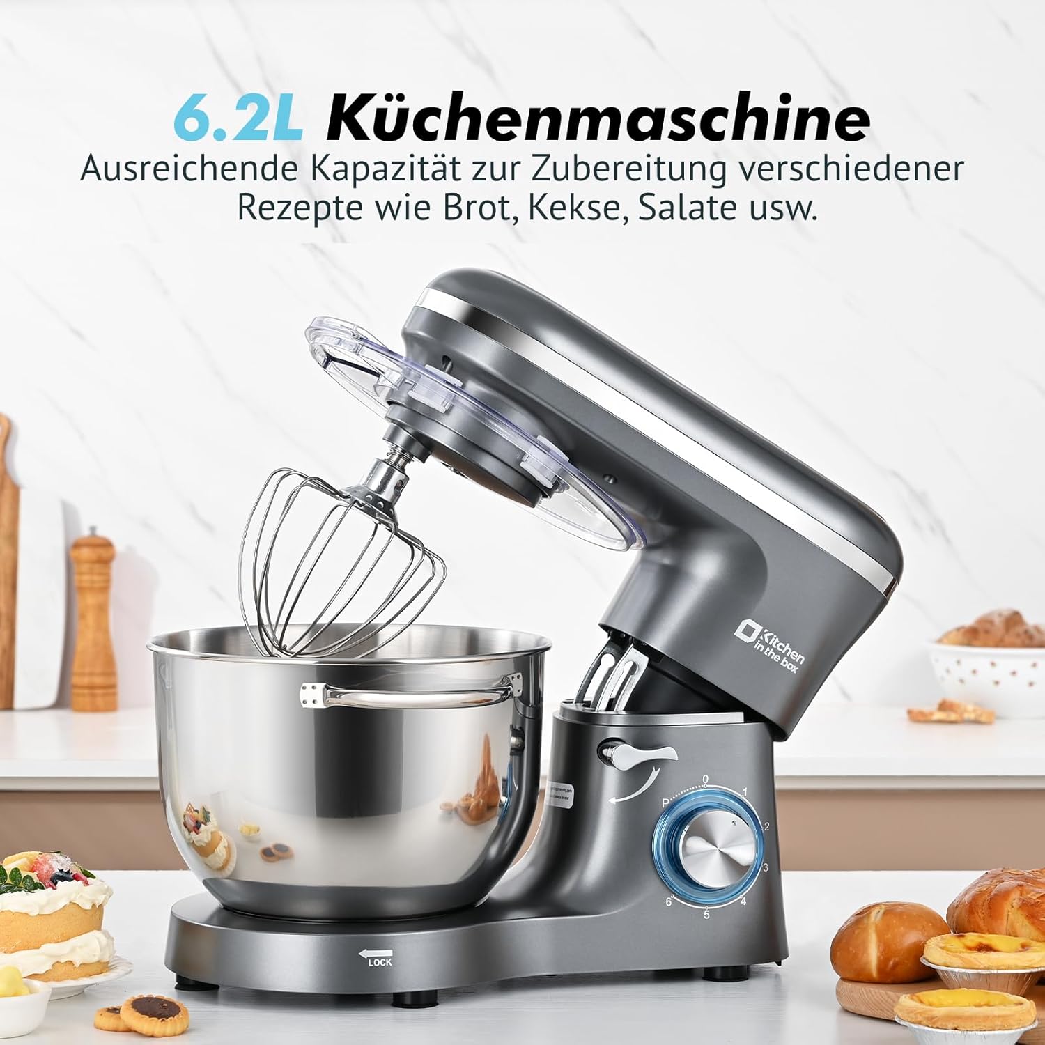Kitchen in the box Küchenmaschine, 6,2 L Knetmaschine 1400 W, 6 Geschwindigkeits Teigmaschine mit Rührhaken, Knethaken, Schneebesen, Grau