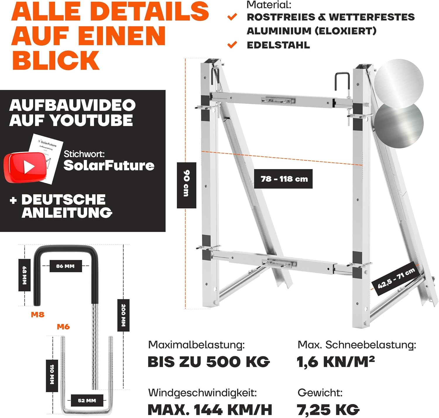 SolarFuture Balkonkraftwerk Halterung Balkon - Flexibel Anpassbar & Sturmsicher | Solarpanel Halterung Solarmodul Halterung Balkonkraftwerk Pv Halterung Photovoltaik Befestigung Balkon Flachdach Wand