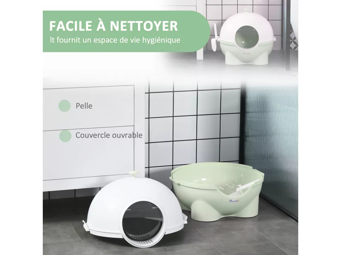 Maison de toilette pour chat design boule - porte battante, couvercle amovible, pelle - PP vert blanc