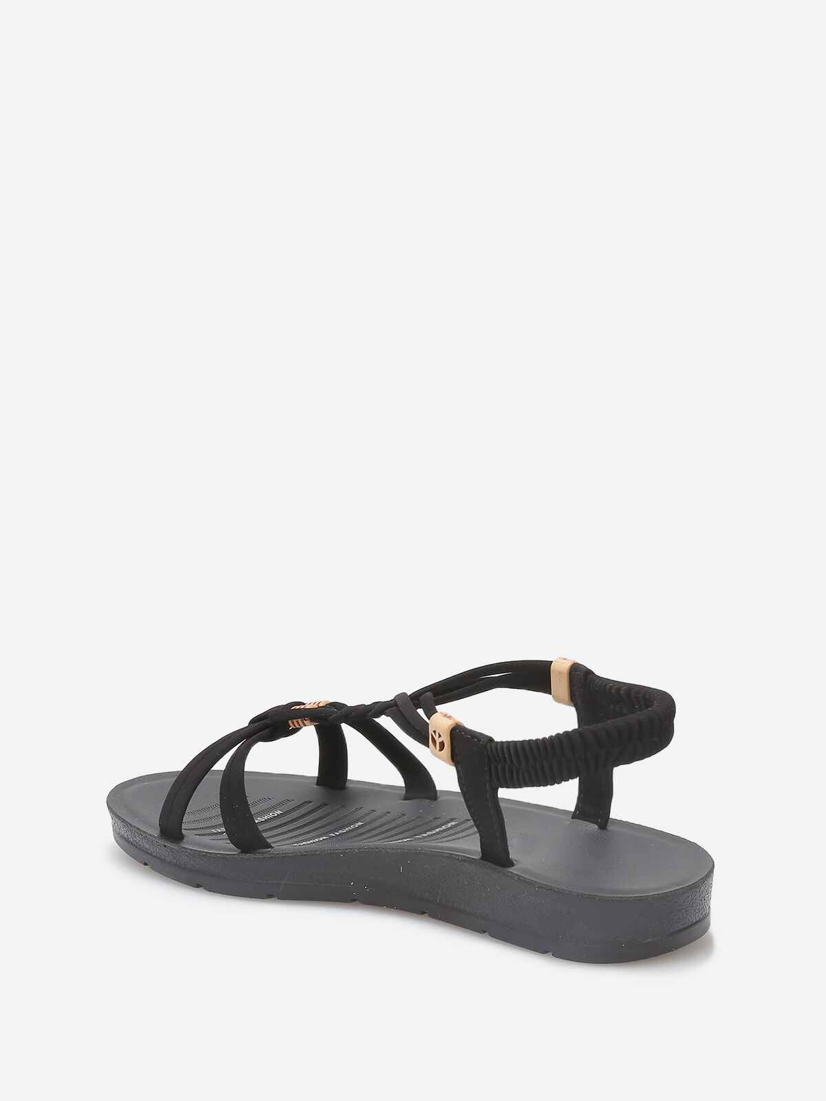 Sandales à brides tressées et perles bois- Noir