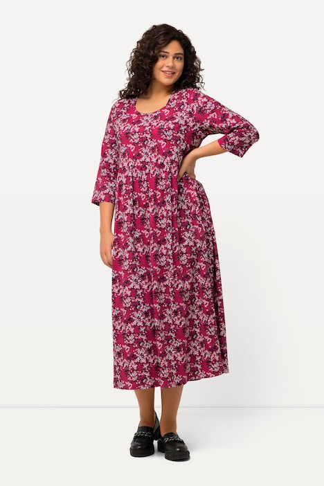 Jerseykleid, Blüten, A-Linie, Rundhals, 3/4-Arm