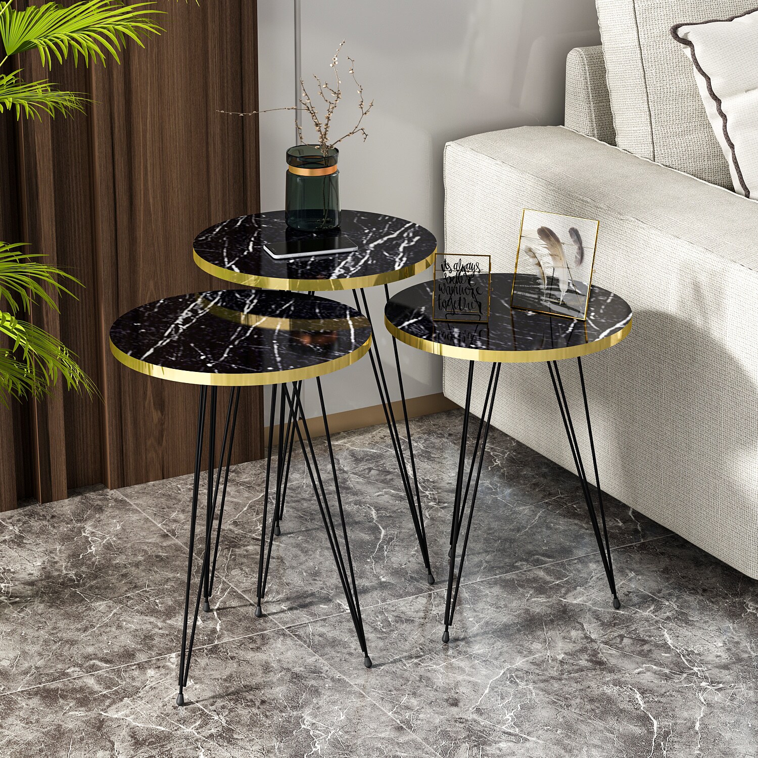Beistelltisch 3er Set Marmoroptik Schwarz 21286139