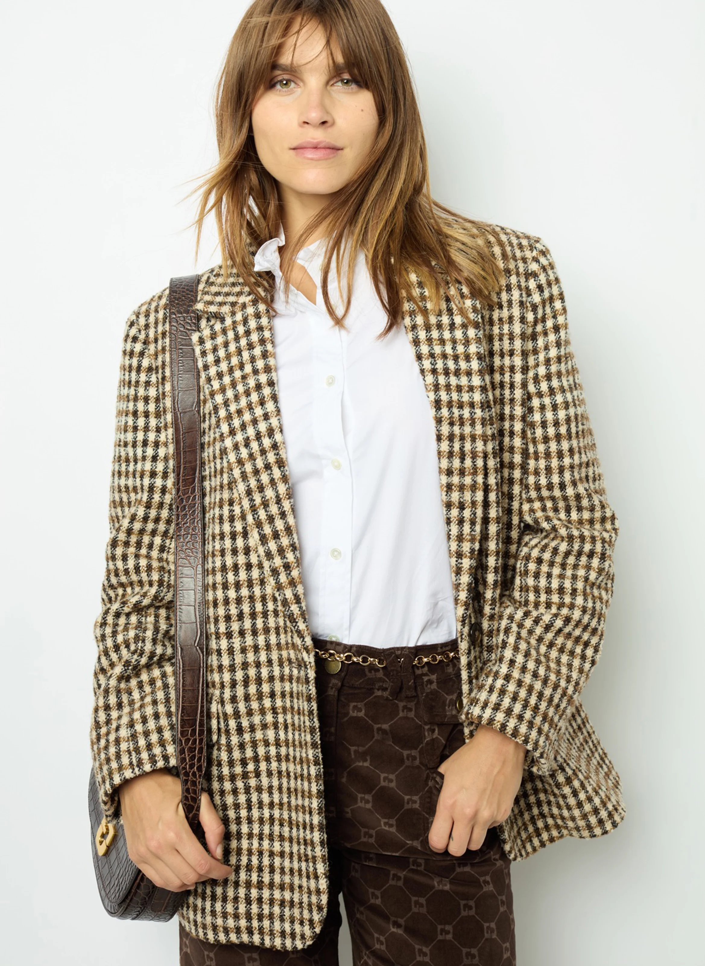 MANUELLE - Veste col tailleur large à carreaux | Marron