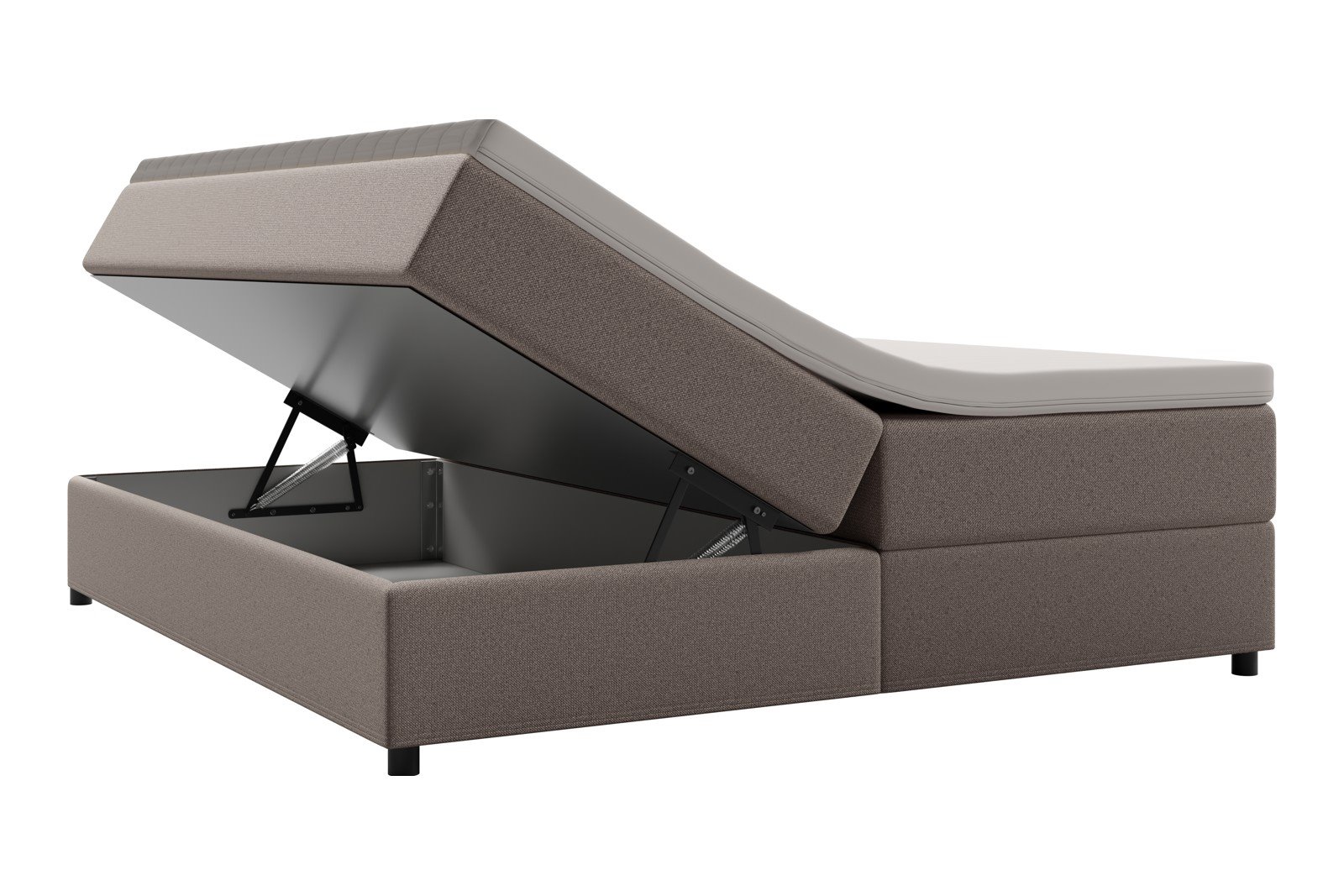 Premium 10 oppbevaringsseng 180x200 cm Magasinseng med oppbevaring, åpnes fra siden. I tekstil storm 09 beige, med fast fasthetsgrad og premium 10 overmadrass,sorte ben. Sengegavl selges separat.