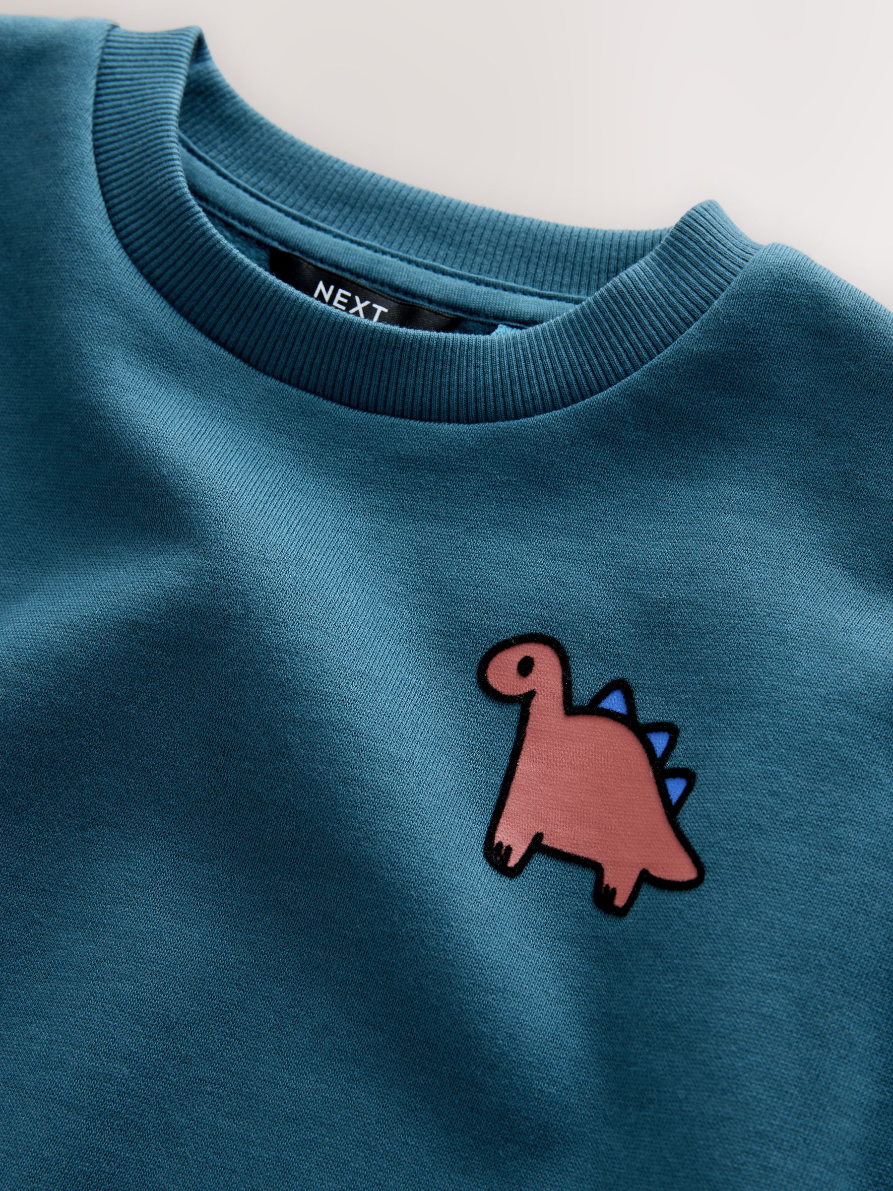 Blauw met dinosaurus - Jersey sweatshirt met ronde hals en print op de rug (3mnd -7jr)