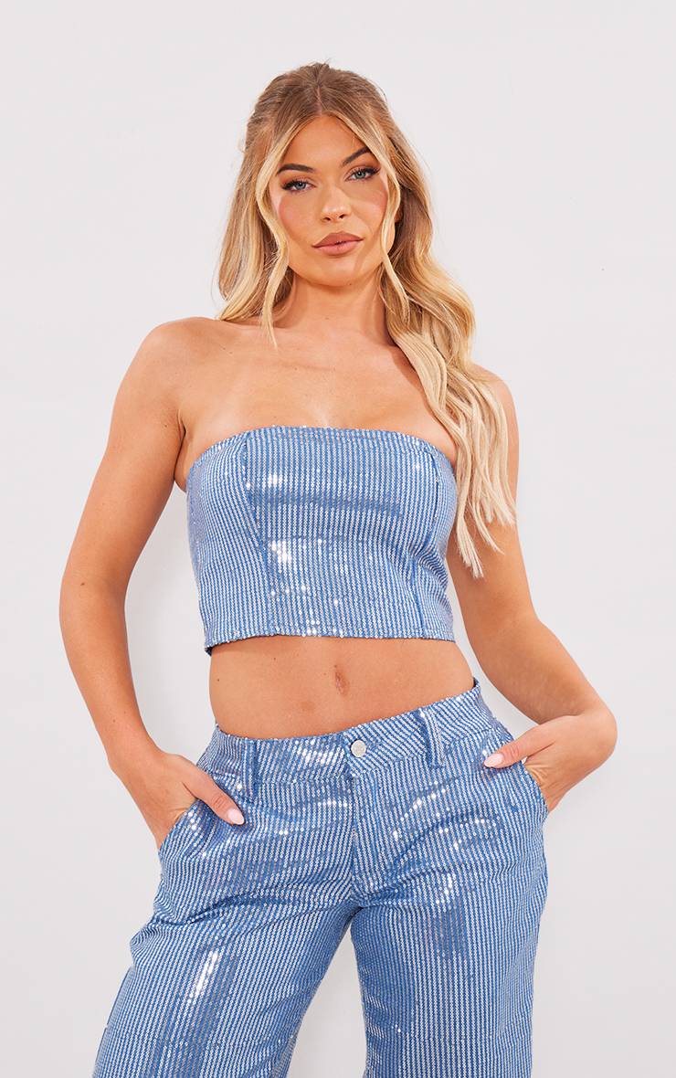 Light Blue Wash Top Bandeau À Sequins