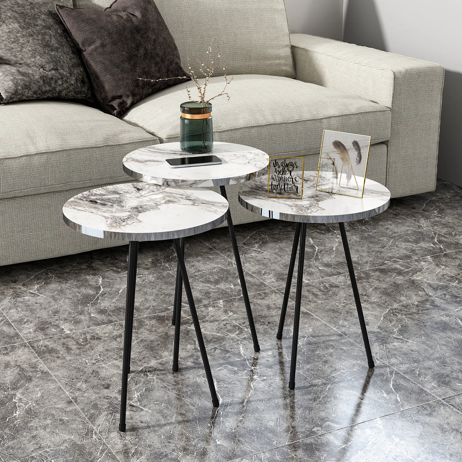 Beistelltisch 3er Set Marmoroptik Weiß 21826269