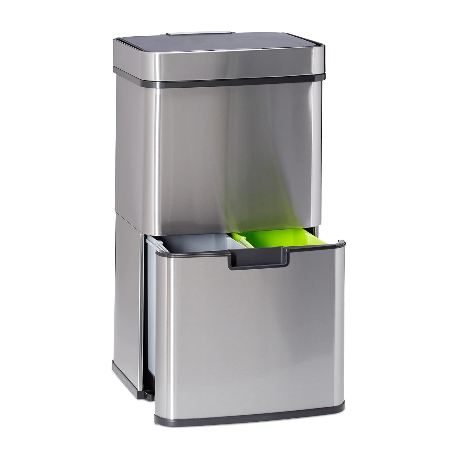 Relaxdays Mülltrennsystem mit Sensor, 3 Fächer, 60 l, 2 Mülleimer unten, Klemmring oben, Edelstahl Abfalleimer, silber