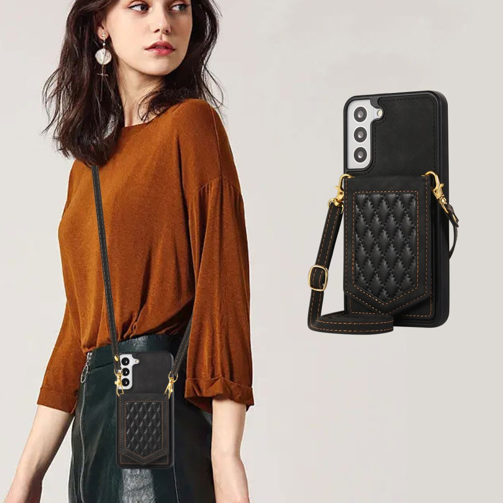 Samsung Galaxy S23 5G Necklace Leder Hülle im Litchi Look mit Spiegel (RFID Schutz) - Schwarz