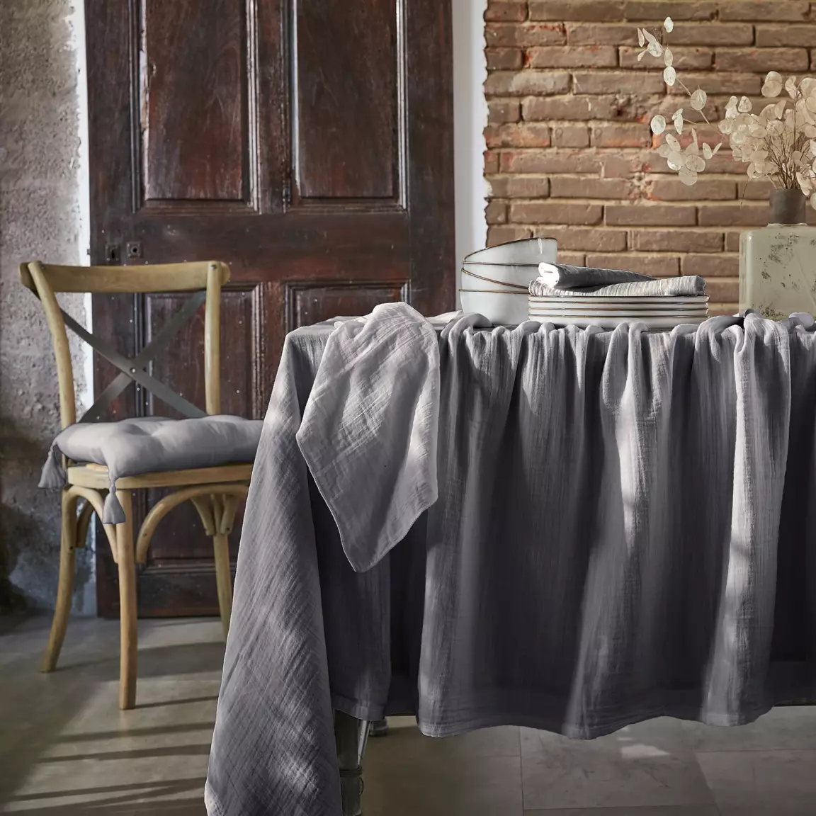 Nappe rectangulaire gaze de coton (150 x 250 cm) Gaïa Gris granit
