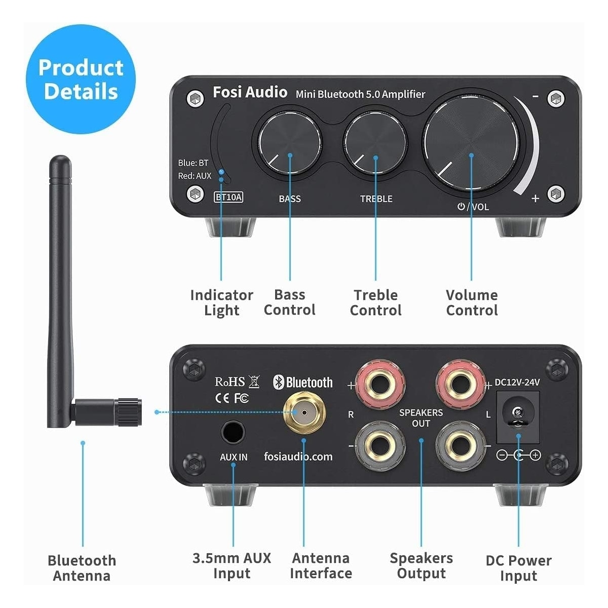 Fosi Audio BT10A Bluetooth 5.0 Stereo Audio Amplifier Receiver 2 Channel Class D Mini Hi-Fi integrert forsterker for passive hjemmehøyttalere 50W x 2 TPA3116