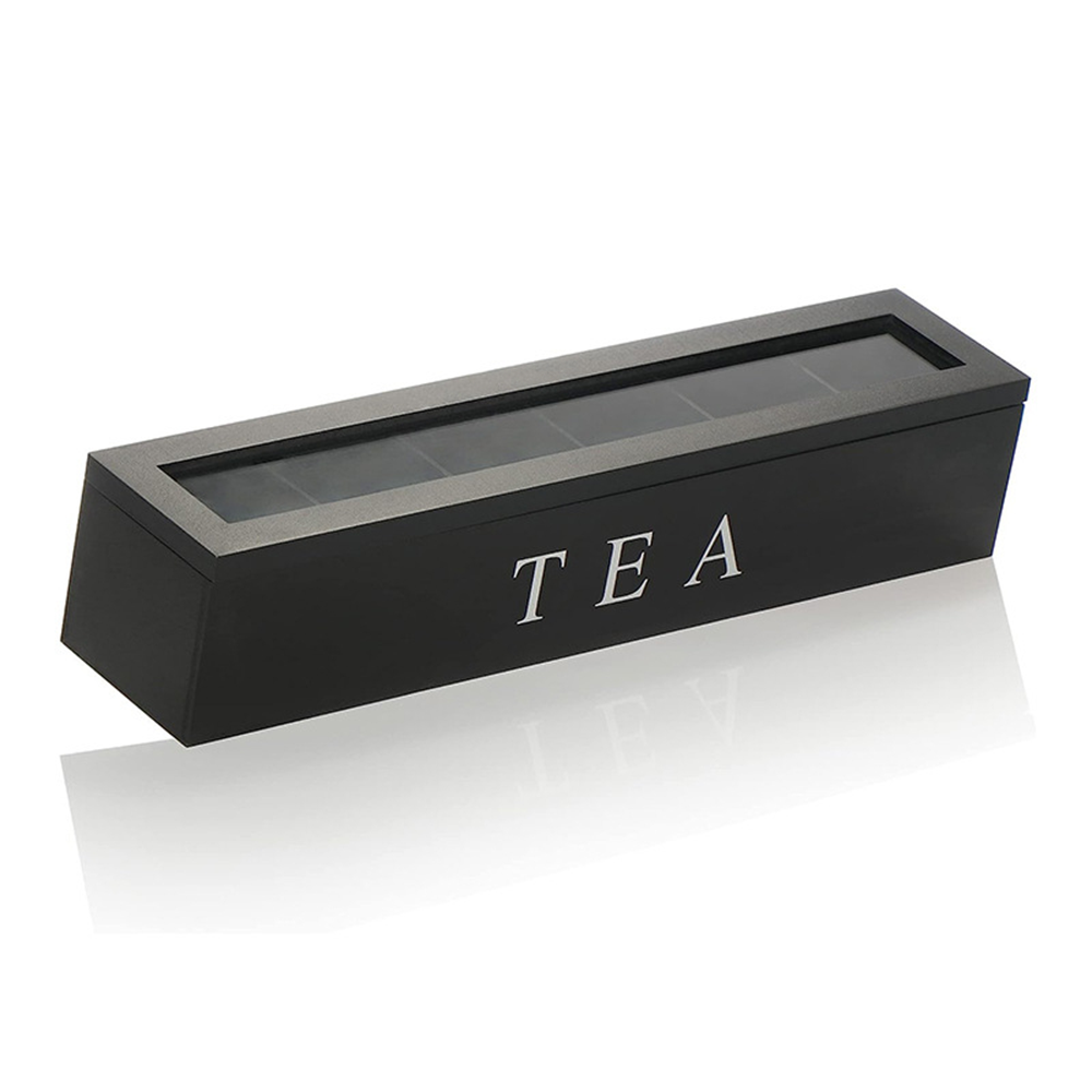 (43x9cm) 6-fach Holz Tee Beutel Behälter Kaffeekapsel Tea Box Küchen Organizer - Schwarz