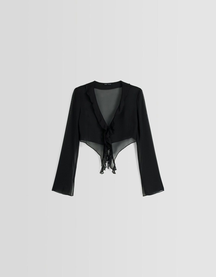 Blusa de chiffon com mangas compridas e babados