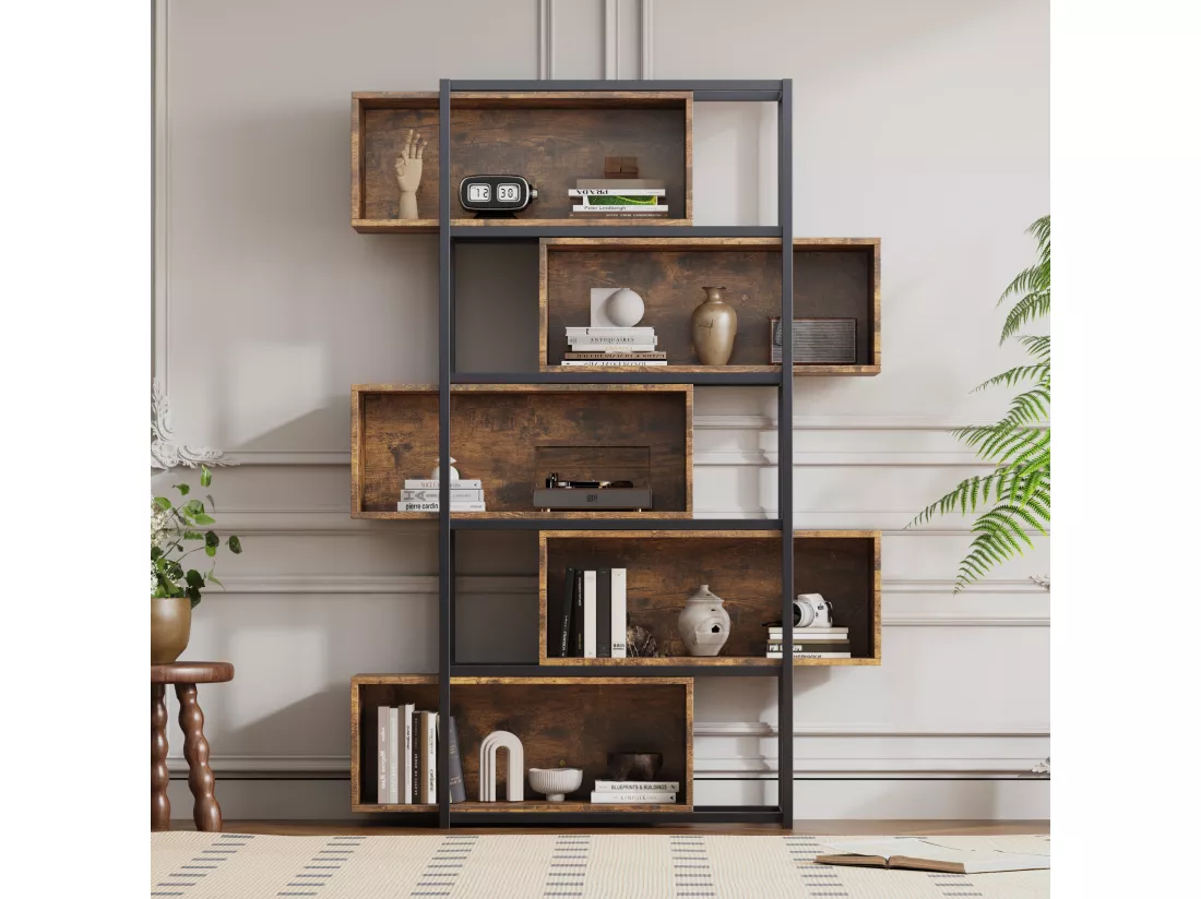 Bibliothèque à 5 niveaux avec étagères - 121 x 35 x 176 cm - Bois MDF et tube acier - Marron