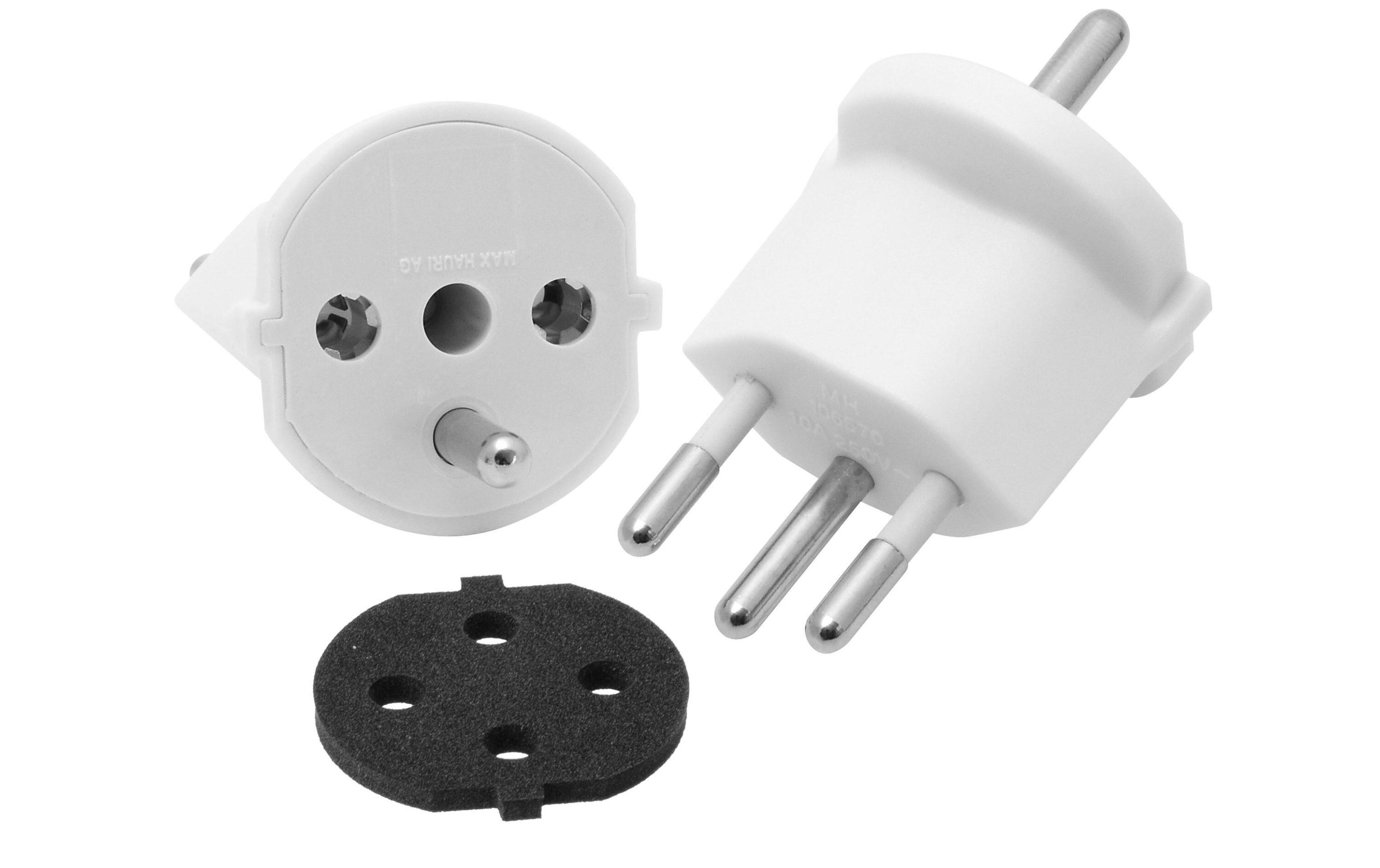 Fixadapter SchuKo Konturenstecker – T12 IP44 mit MoosgummiDeutsch (Schuko CEE7) auf Schweiz (T12) 3 Pol