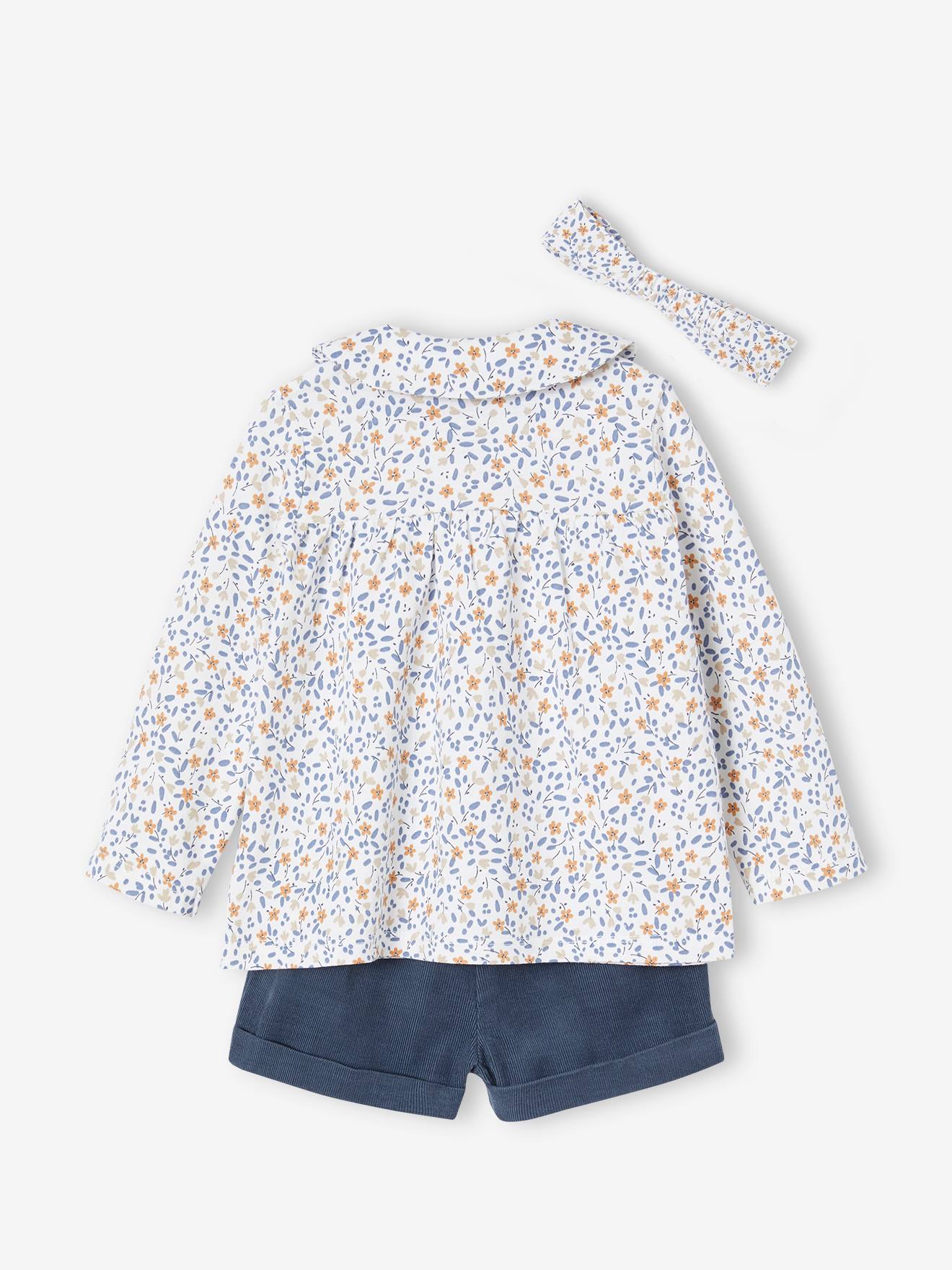 Conjunto de 3 peças para bebê menina, camiseta, shorts de veludo cotelê e faixa de cabelo, verde escuro liso.