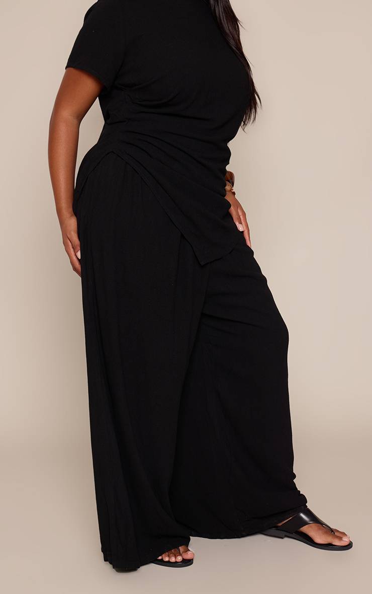 Noir Pantalon Large Droit En Tissu Texturé Grande Taille Ensemble Coordonné