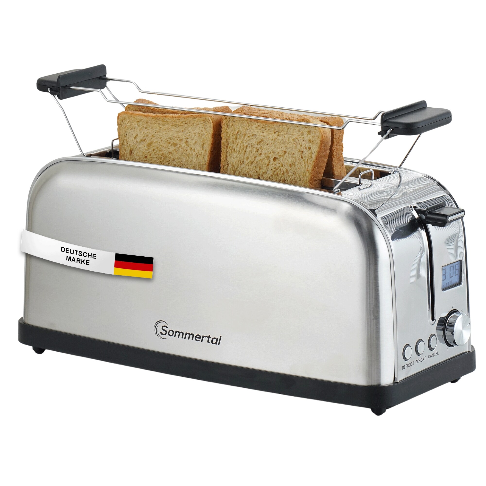 Sommertal Toaster ST1500 XXL, 4 Scheiben mit Brötchenaufsatz, Display mit Timer und Restlaufanzeige, Langschlitztoaster Restlaufzeit, Retro Design Langschlitz Edelstahl 1500W