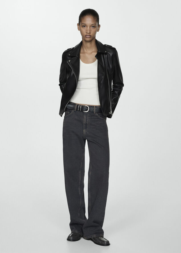 MANGO Faux-leather biker jacket Black