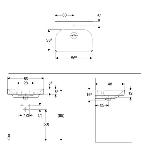 Geberit Smyle Square wastafel 60cm met kraangat en overloop wit