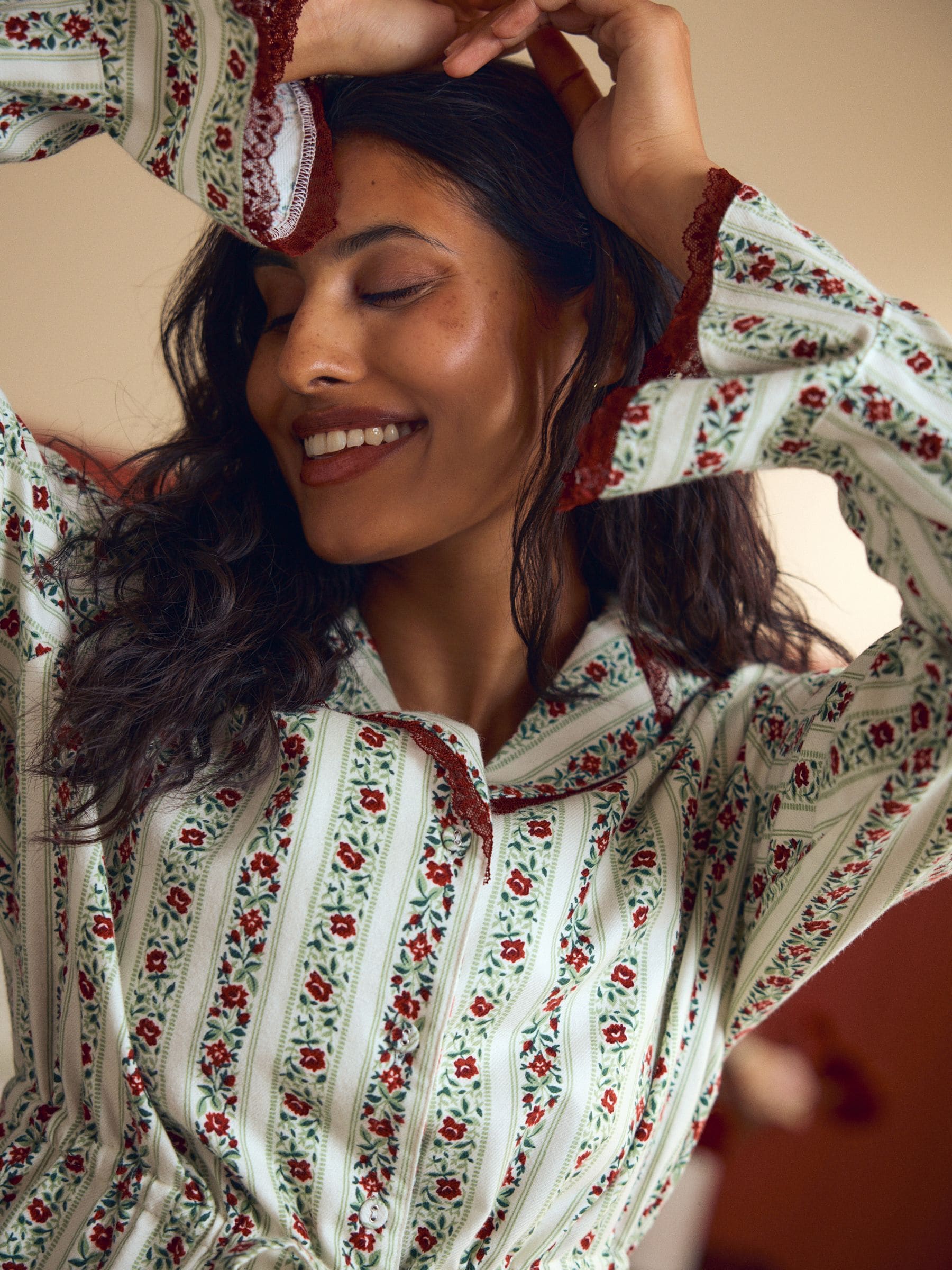 Laura Ashley Festive Christmas Kelbrook Stripe Button Through Pyjamas with Lace Edge