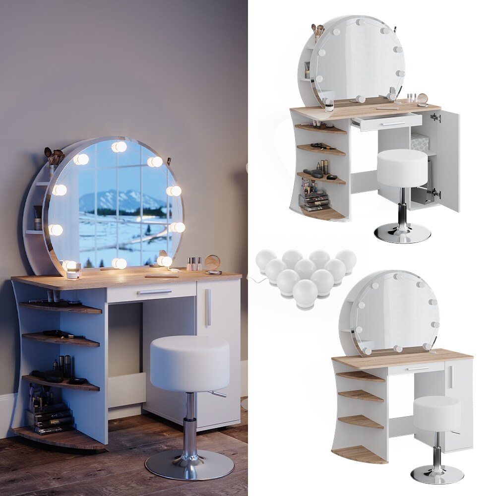 Vicco Schminktisch Frisiertisch Kosmetiktisch Almina Weiß Sonoma Schminkspiegel 100x143 modern LED Beleuchtung Hocker Schlafzimmerkommode Schminkkommode Schublade Frisierkommode Make-Up-Tisch