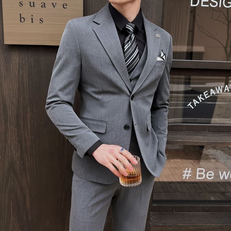 Sheck - Set: effen enkelrijs blazer met piekrevers + V-hals vest + middelhoge rechte broek