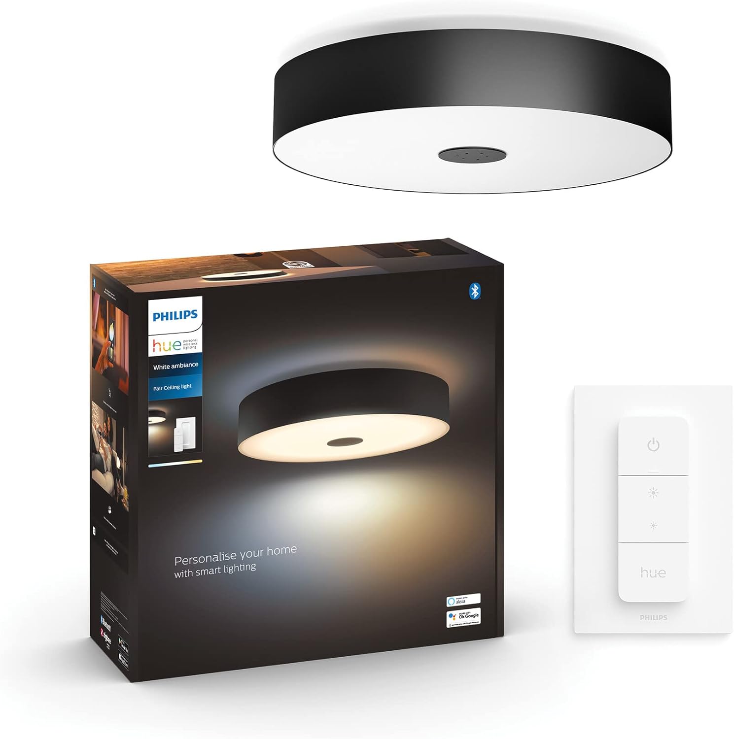 Philips Hue White Ambiance Fair Deckenleuchte schwarz 2750lm inkl. Dimmschalter, dimmbar, alle Weißschattierungen, steuerbar via App, kompatibel mit Amazon Alexa (Echo, Echo Dot)
