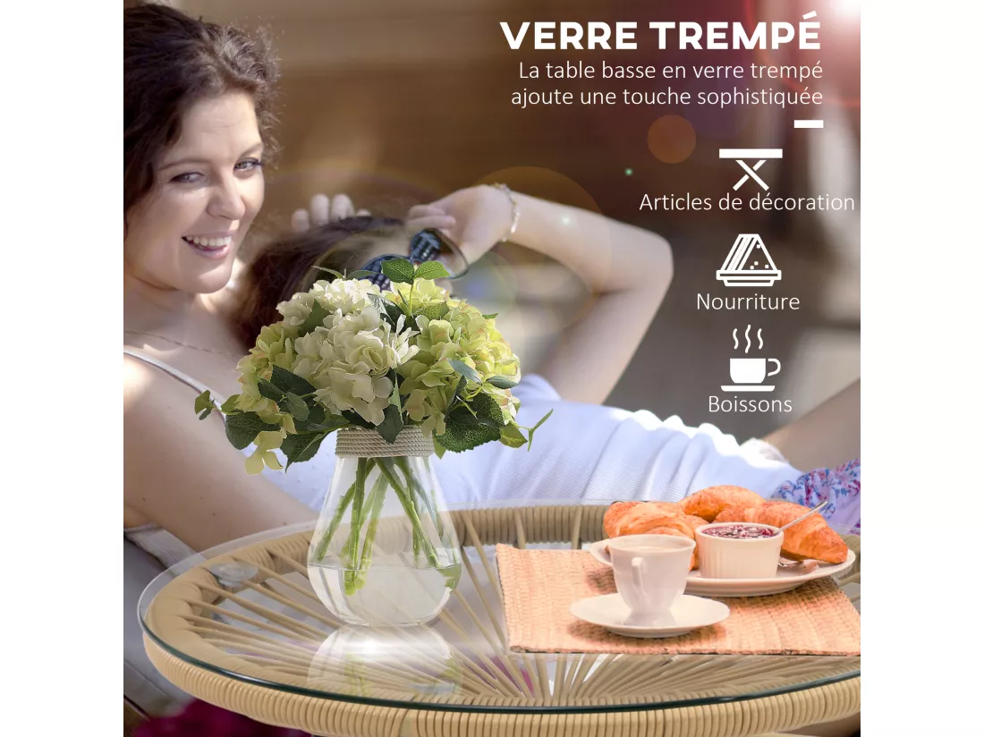 Table basse ronde de jardin en résine aspect rotin métal et plateau verre trempé Ø 50 x 50H cm beige