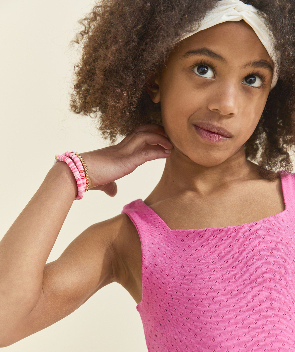 débardeur fille en coton bio et tricot ajouré rose avec noeud
