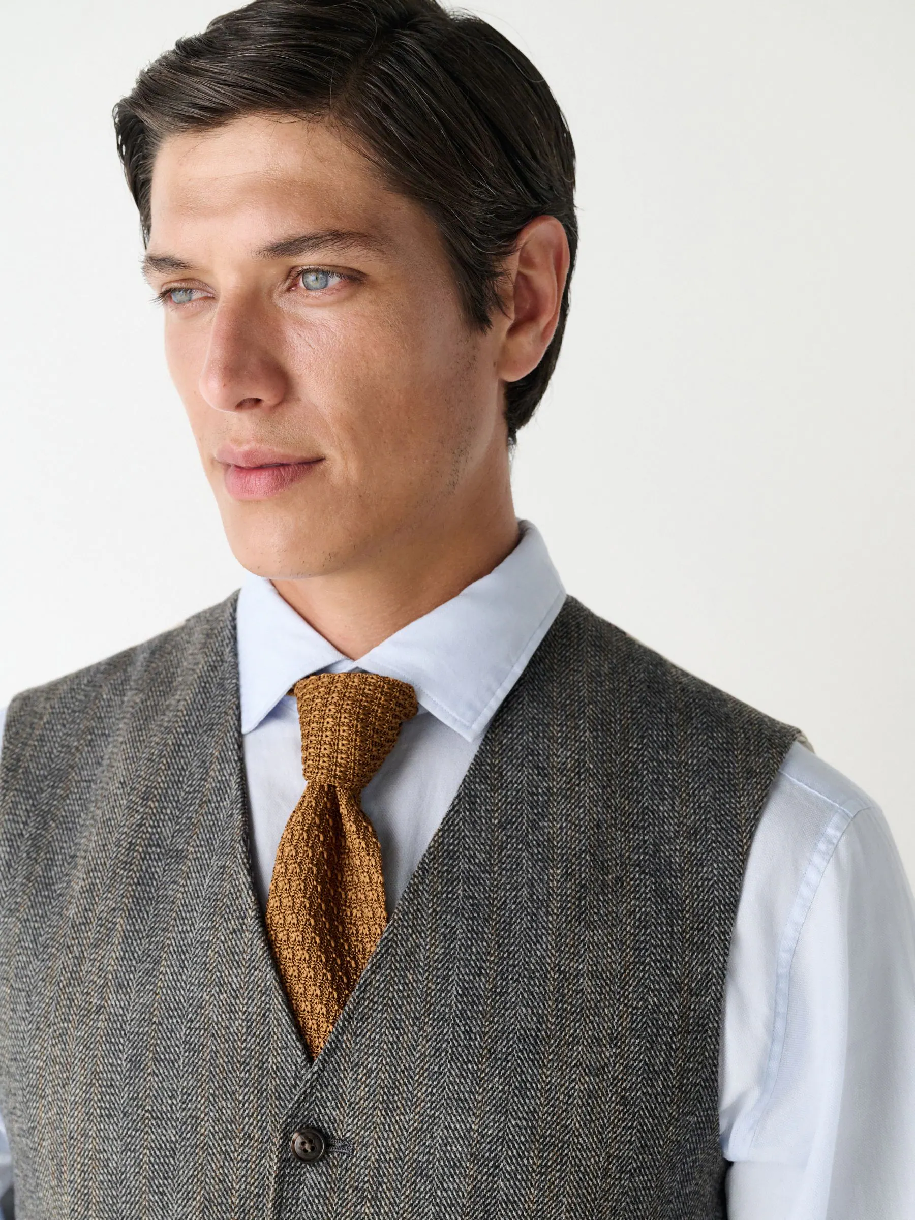 Grijs - Slim Fit Wool Blend Herringbone Stripe Suit Waistcoat