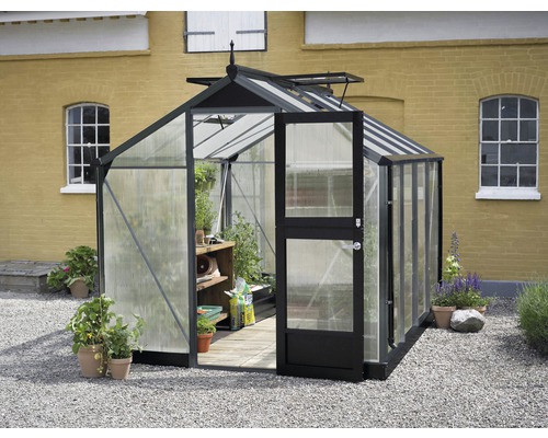 JULIANA Compacte kas, 6,6 m², 10 mm dubbelwandige polycarbonaat panelen, 224 x 296 cm, antraciet/zwart