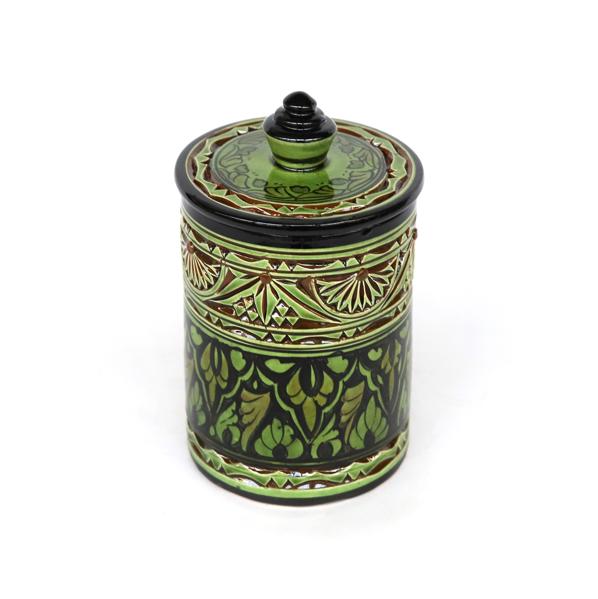 Deckelbehälter mit Prägung, grün, H 14 cm, Ø 10 cm von fischer's lagerhaus